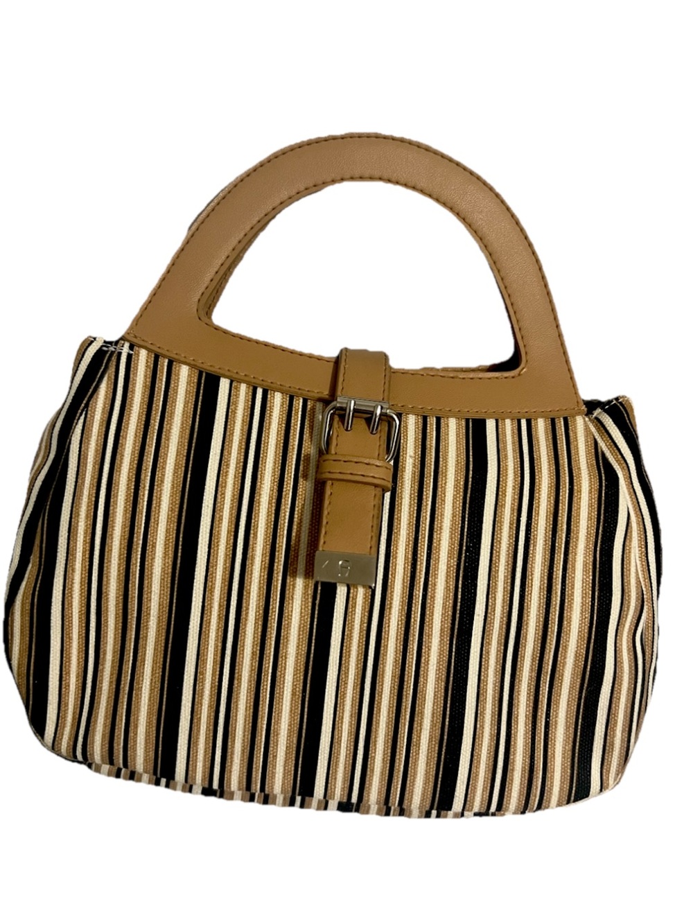 Vintage Etienne Aigner Y2K Striped Tan and Black Canvas Mini Handbag Cross Body